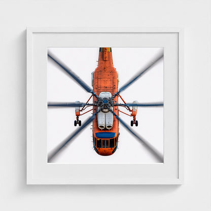 Large Orange Helicopter Aerial Photograph — Bold Modern Aviation Wall Art (Archival Fine Art Print)
