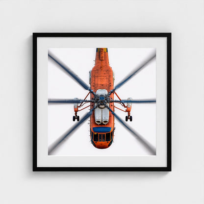 Large Orange Helicopter Aerial Photograph — Bold Modern Aviation Wall Art (Archival Fine Art Print)