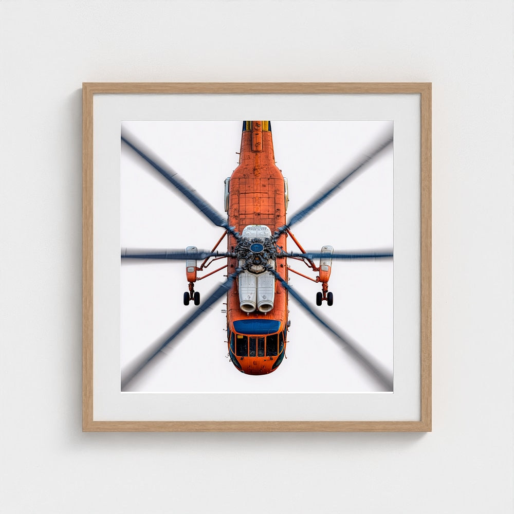 Large Orange Helicopter Aerial Photograph — Bold Modern Aviation Wall Art (Archival Fine Art Print)
