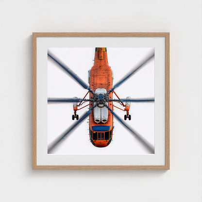 Large Orange Helicopter Aerial Photograph — Bold Modern Aviation Wall Art (Archival Fine Art Print)