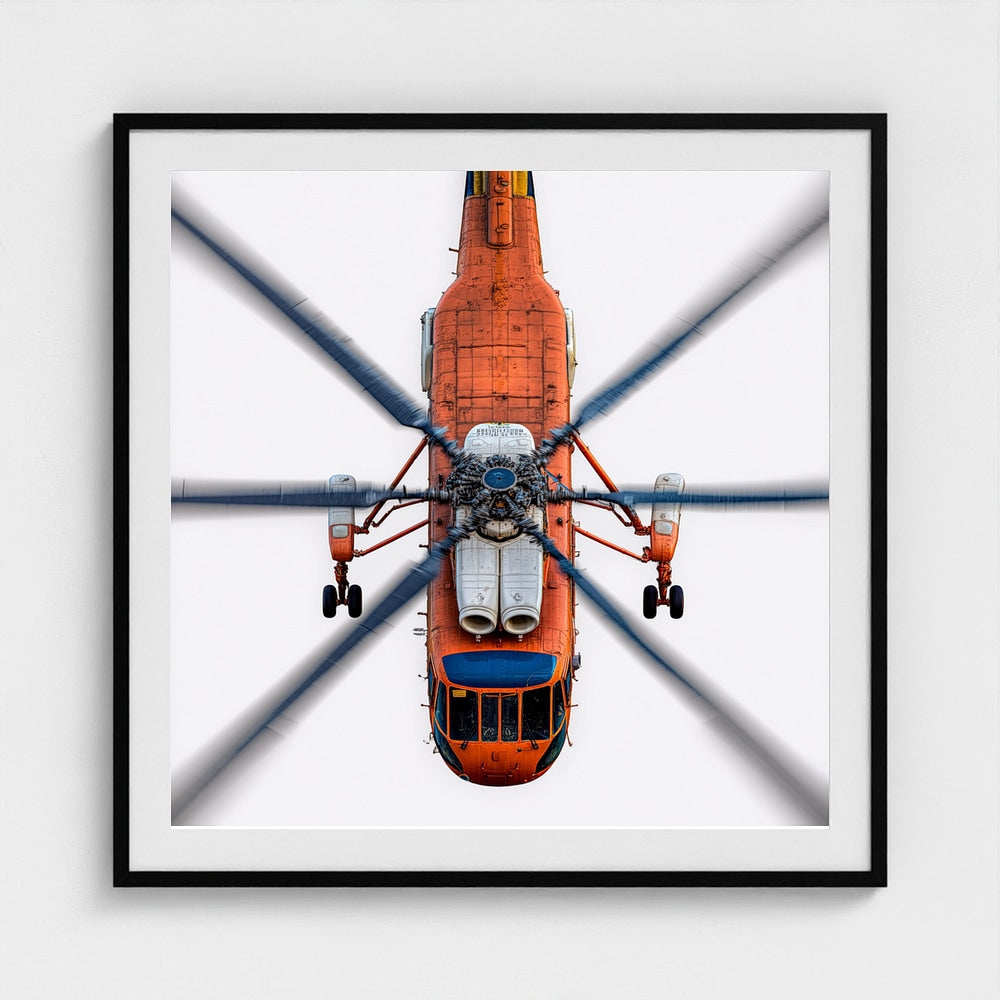 Large Orange Helicopter Aerial Photograph — Bold Modern Aviation Wall Art (Archival Fine Art Print)