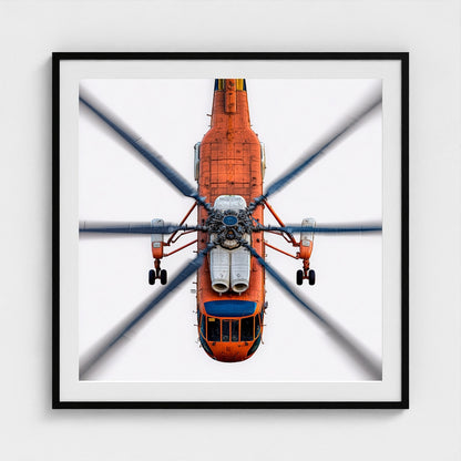 Large Orange Helicopter Aerial Photograph — Bold Modern Aviation Wall Art (Archival Fine Art Print)