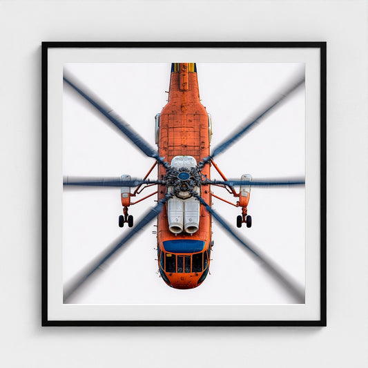 Large Orange Helicopter Aerial Photograph — Bold Modern Aviation Wall Art (Archival Fine Art Print)