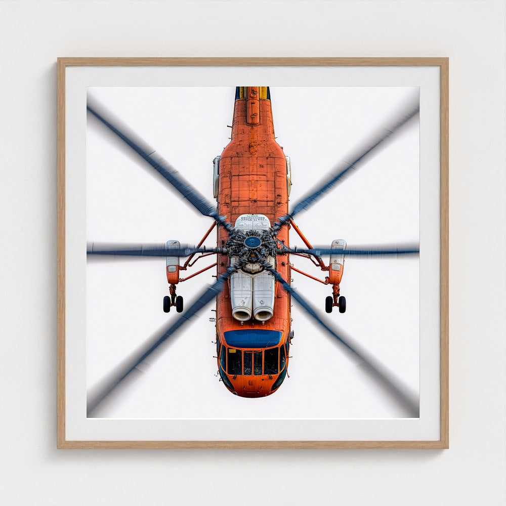 Large Orange Helicopter Aerial Photograph — Bold Modern Aviation Wall Art (Archival Fine Art Print)
