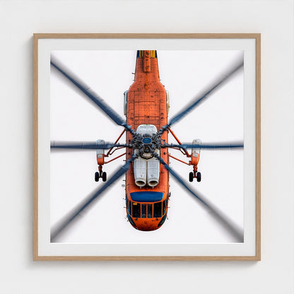 Large Orange Helicopter Aerial Photograph — Bold Modern Aviation Wall Art (Archival Fine Art Print)