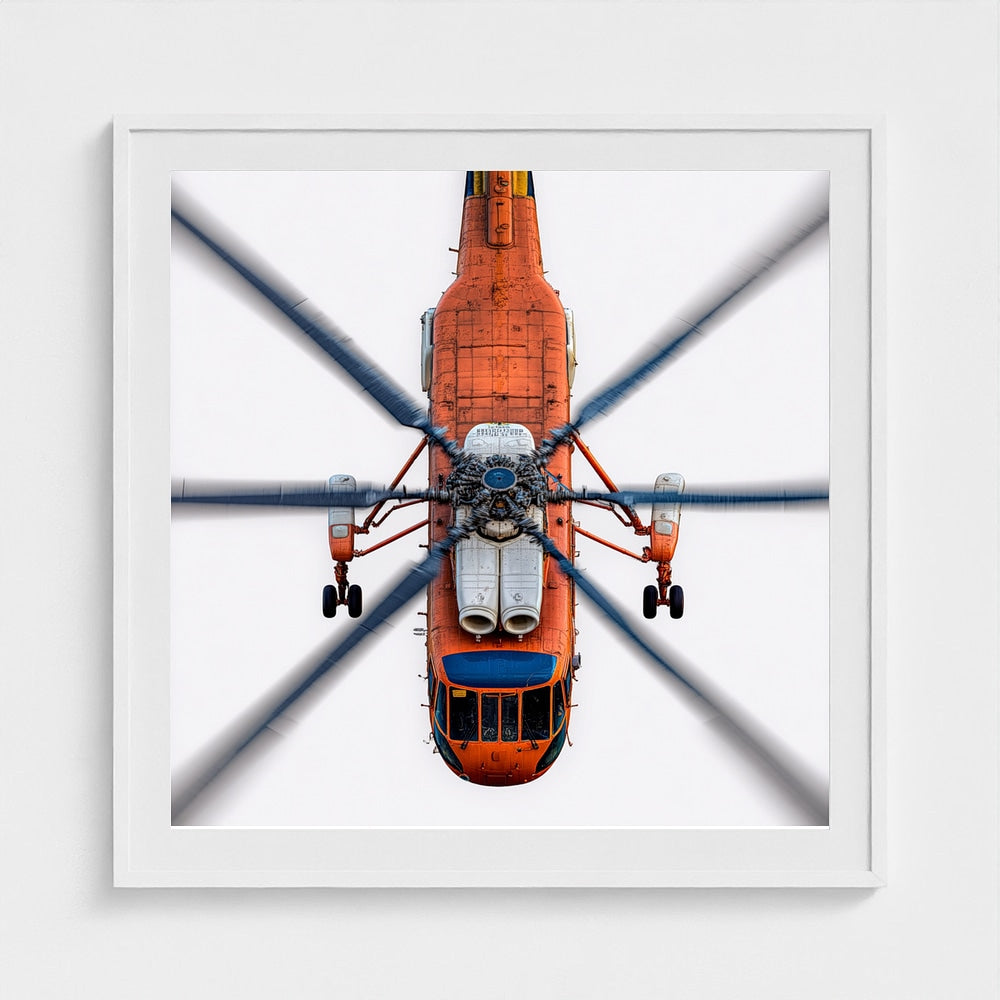 Large Orange Helicopter Aerial Photograph — Bold Modern Aviation Wall Art (Archival Fine Art Print)