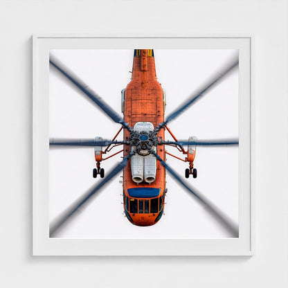 Large Orange Helicopter Aerial Photograph — Bold Modern Aviation Wall Art (Archival Fine Art Print)