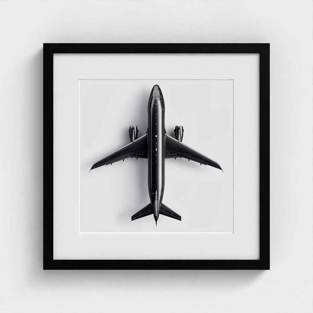 Minimalist Black & White Airplane Print — Overhead Modern Aviation Art, Framed Square Archival Photo