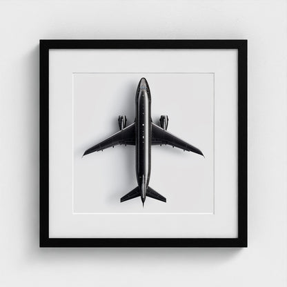 Minimalist Black & White Airplane Print — Overhead Modern Aviation Art, Framed Square Archival Photo