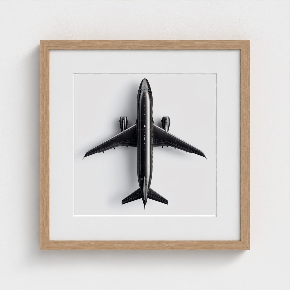 Minimalist Black & White Airplane Print — Overhead Modern Aviation Art, Framed Square Archival Photo