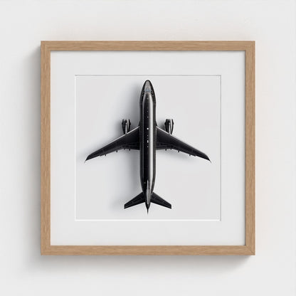 Minimalist Black & White Airplane Print — Overhead Modern Aviation Art, Framed Square Archival Photo