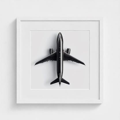 Minimalist Black & White Airplane Print — Overhead Modern Aviation Art, Framed Square Archival Photo