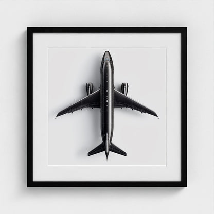 Minimalist Black & White Airplane Print — Overhead Modern Aviation Art, Framed Square Archival Photo