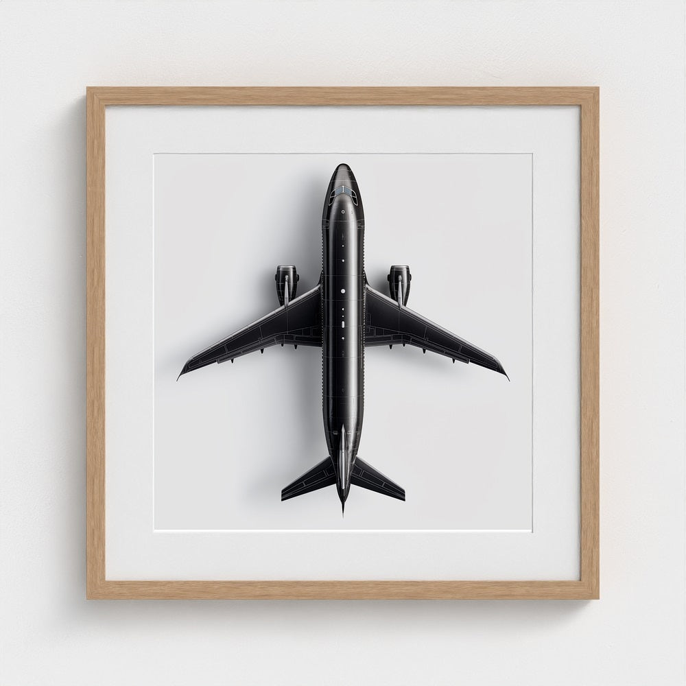 Minimalist Black & White Airplane Print — Overhead Modern Aviation Art, Framed Square Archival Photo