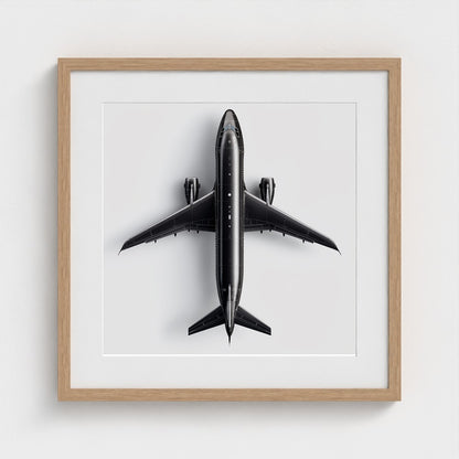 Minimalist Black & White Airplane Print — Overhead Modern Aviation Art, Framed Square Archival Photo