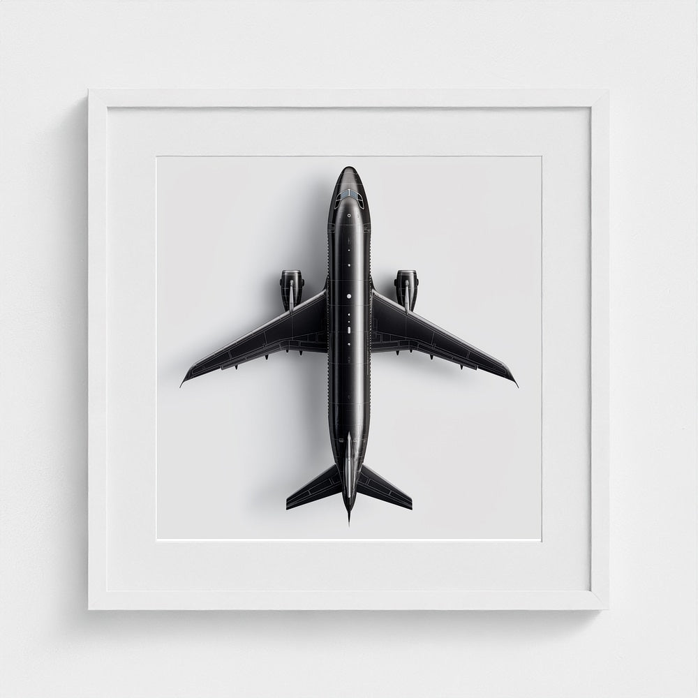 Minimalist Black & White Airplane Print — Overhead Modern Aviation Art, Framed Square Archival Photo