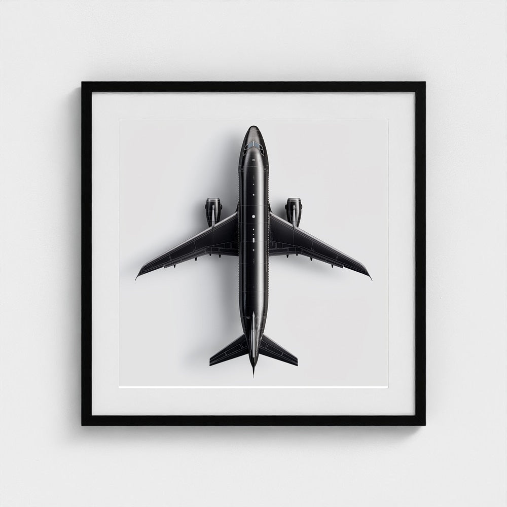 Minimalist Black & White Airplane Print — Overhead Modern Aviation Art, Framed Square Archival Photo