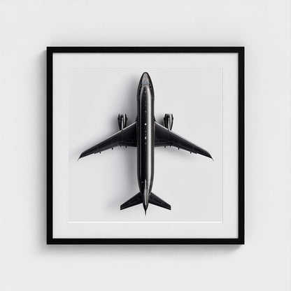 Minimalist Black & White Airplane Print — Overhead Modern Aviation Art, Framed Square Archival Photo