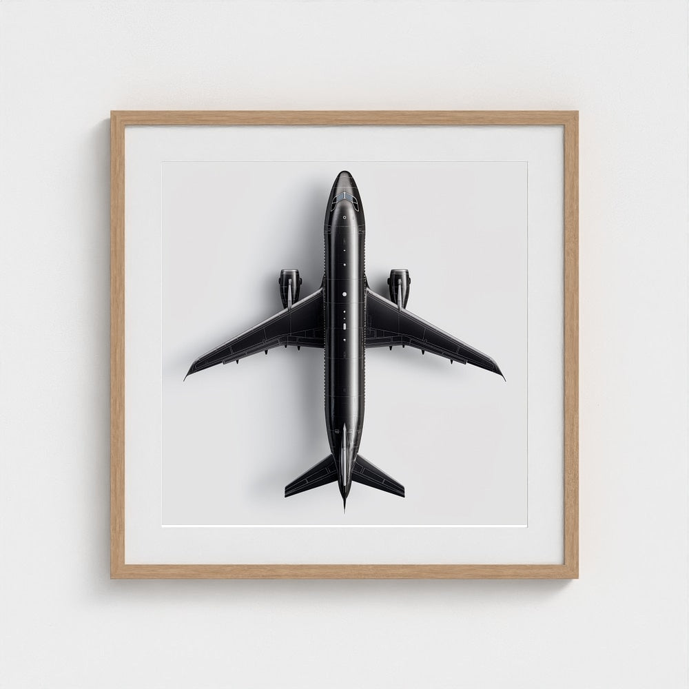 Minimalist Black & White Airplane Print — Overhead Modern Aviation Art, Framed Square Archival Photo