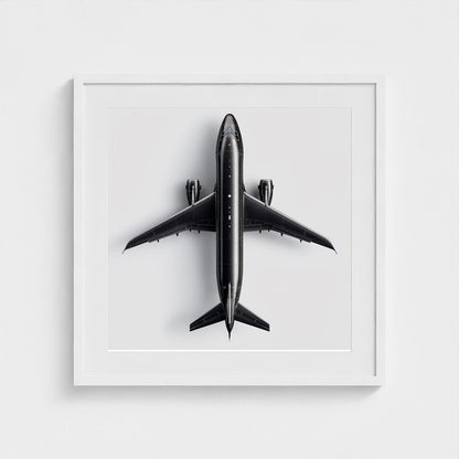 Minimalist Black & White Airplane Print — Overhead Modern Aviation Art, Framed Square Archival Photo