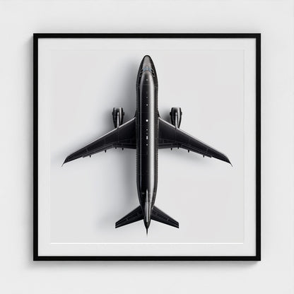 Minimalist Black & White Airplane Print — Overhead Modern Aviation Art, Framed Square Archival Photo