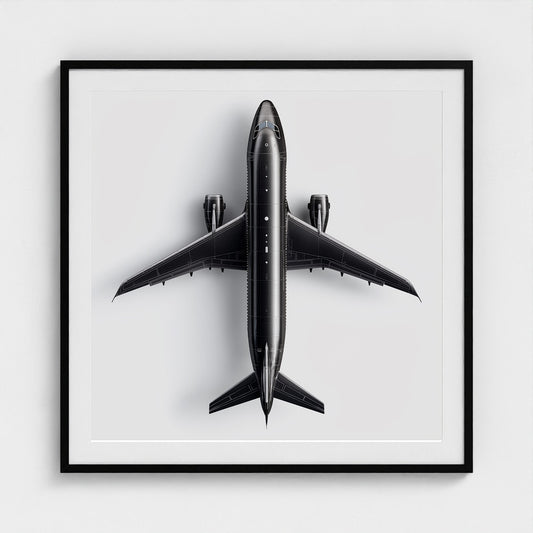 Minimalist Black & White Airplane Print — Overhead Modern Aviation Art, Framed Square Archival Photo