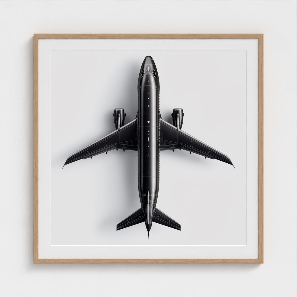 Minimalist Black & White Airplane Print — Overhead Modern Aviation Art, Framed Square Archival Photo