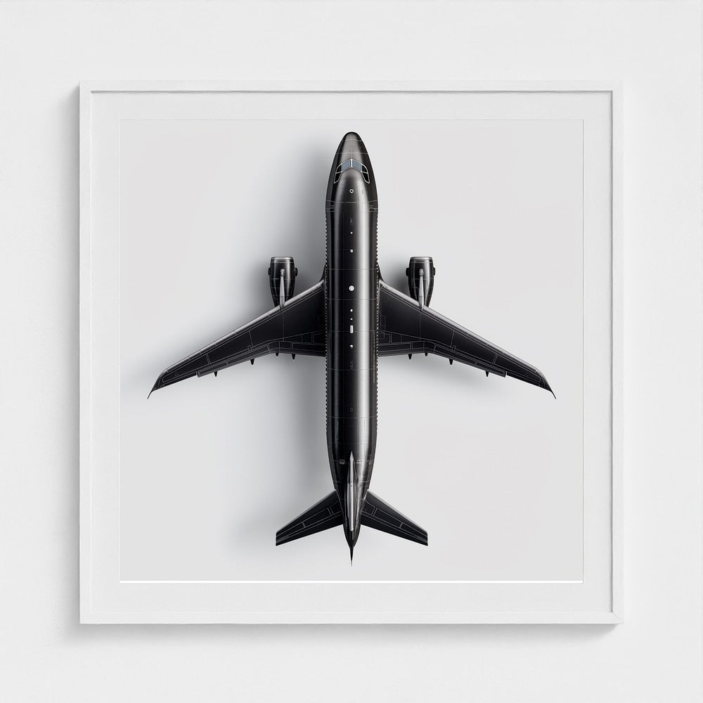Minimalist Black & White Airplane Print — Overhead Modern Aviation Art, Framed Square Archival Photo