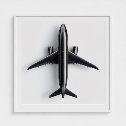 Minimalist Black & White Airplane Print — Overhead Modern Aviation Art, Framed Square Archival Photo