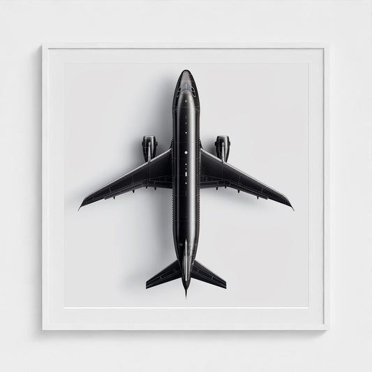 Minimalist Black & White Airplane Print — Overhead Modern Aviation Art, Framed Square Archival Photo