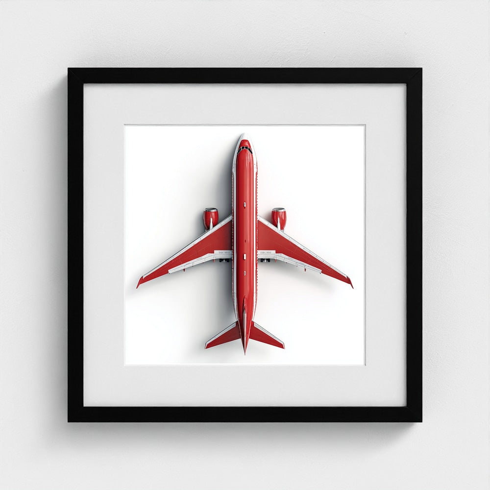 Modern Red & White Airplane Photography Print — Minimalist Overhead Aviation Art on Archival Matte Paper
