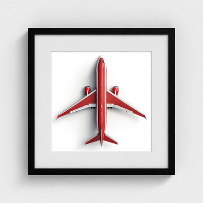 Modern Red & White Airplane Photography Print — Minimalist Overhead Aviation Art on Archival Matte Paper