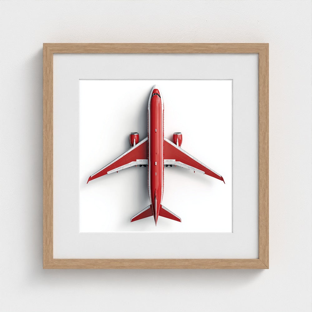 Modern Red & White Airplane Photography Print — Minimalist Overhead Aviation Art on Archival Matte Paper