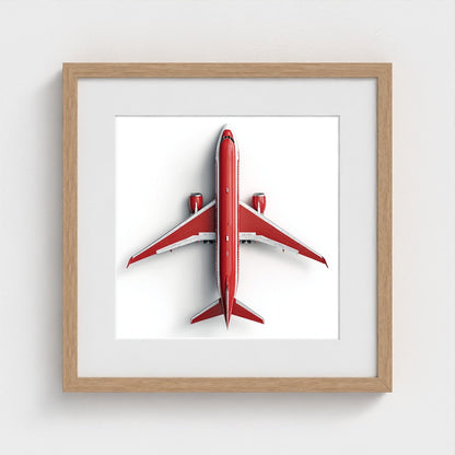 Modern Red & White Airplane Photography Print — Minimalist Overhead Aviation Art on Archival Matte Paper