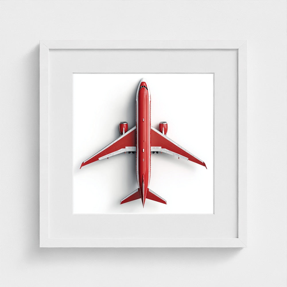 Modern Red & White Airplane Photography Print — Minimalist Overhead Aviation Art on Archival Matte Paper