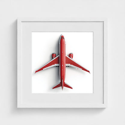 Modern Red & White Airplane Photography Print — Minimalist Overhead Aviation Art on Archival Matte Paper