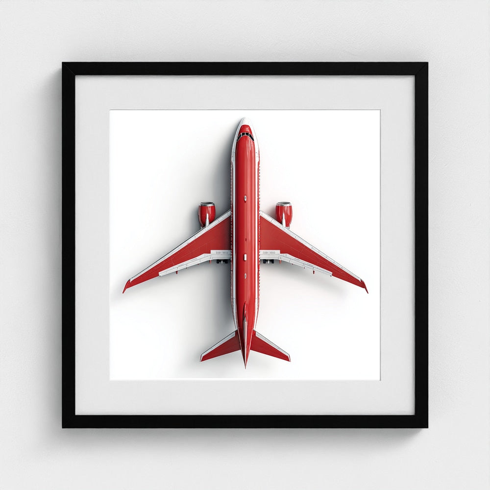Modern Red & White Airplane Photography Print — Minimalist Overhead Aviation Art on Archival Matte Paper