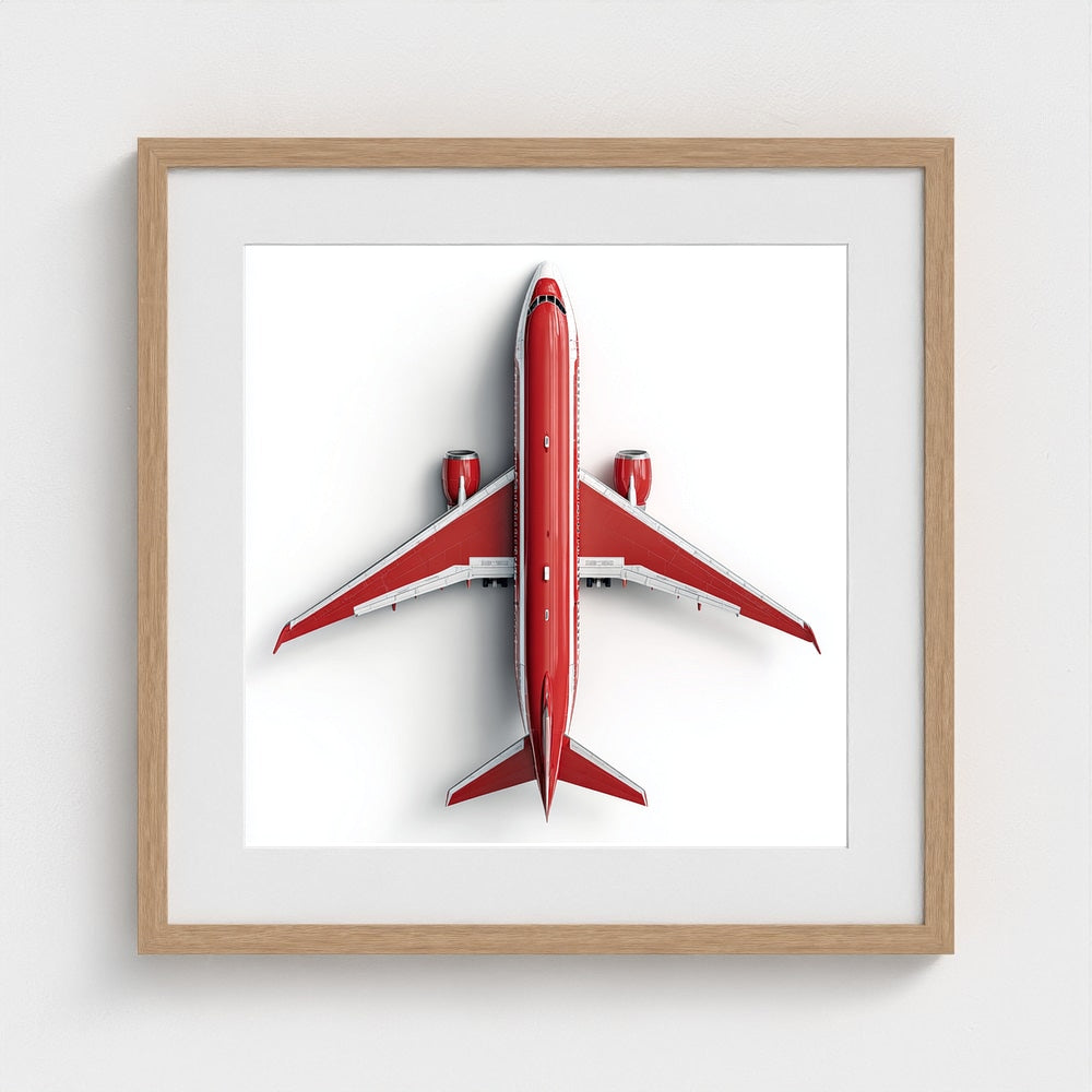 Modern Red & White Airplane Photography Print — Minimalist Overhead Aviation Art on Archival Matte Paper