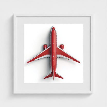 Modern Red & White Airplane Photography Print — Minimalist Overhead Aviation Art on Archival Matte Paper