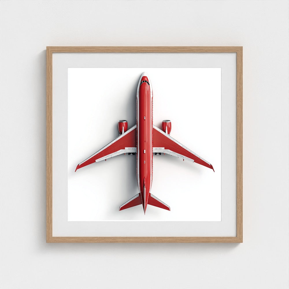 Modern Red & White Airplane Photography Print — Minimalist Overhead Aviation Art on Archival Matte Paper