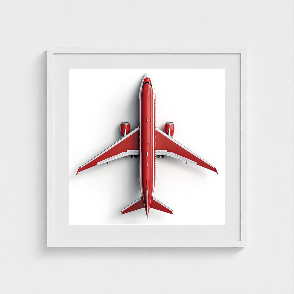 Modern Red & White Airplane Photography Print — Minimalist Overhead Aviation Art on Archival Matte Paper