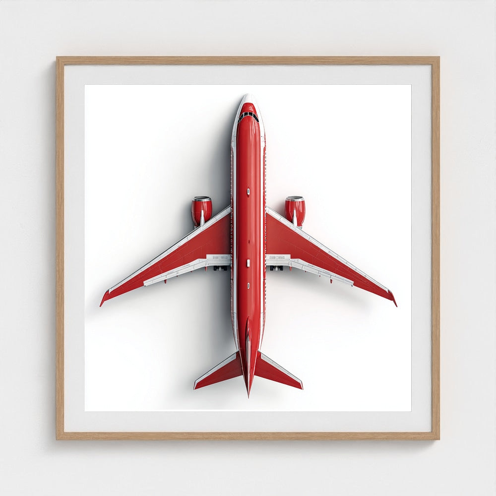 Modern Red & White Airplane Photography Print — Minimalist Overhead Aviation Art on Archival Matte Paper