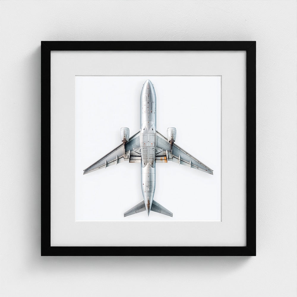 Minimalist Airplane Print — Modern Aviation Photography | Silver Geometric Aircraft Art, Square Framed