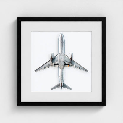 Minimalist Airplane Print — Modern Aviation Photography | Silver Geometric Aircraft Art, Square Framed
