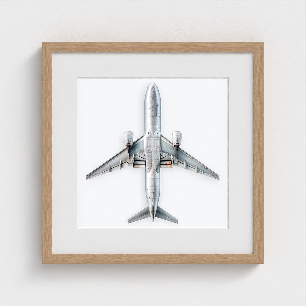 Minimalist Airplane Print — Modern Aviation Photography | Silver Geometric Aircraft Art, Square Framed