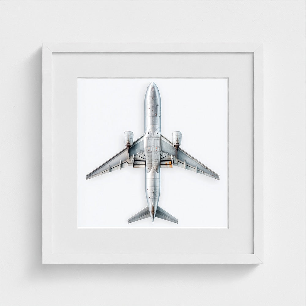 Minimalist Airplane Print — Modern Aviation Photography | Silver Geometric Aircraft Art, Square Framed