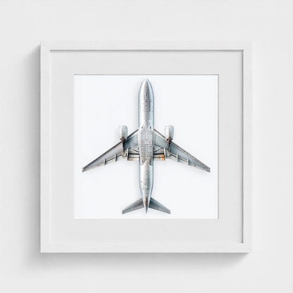 Minimalist Airplane Print — Modern Aviation Photography | Silver Geometric Aircraft Art, Square Framed