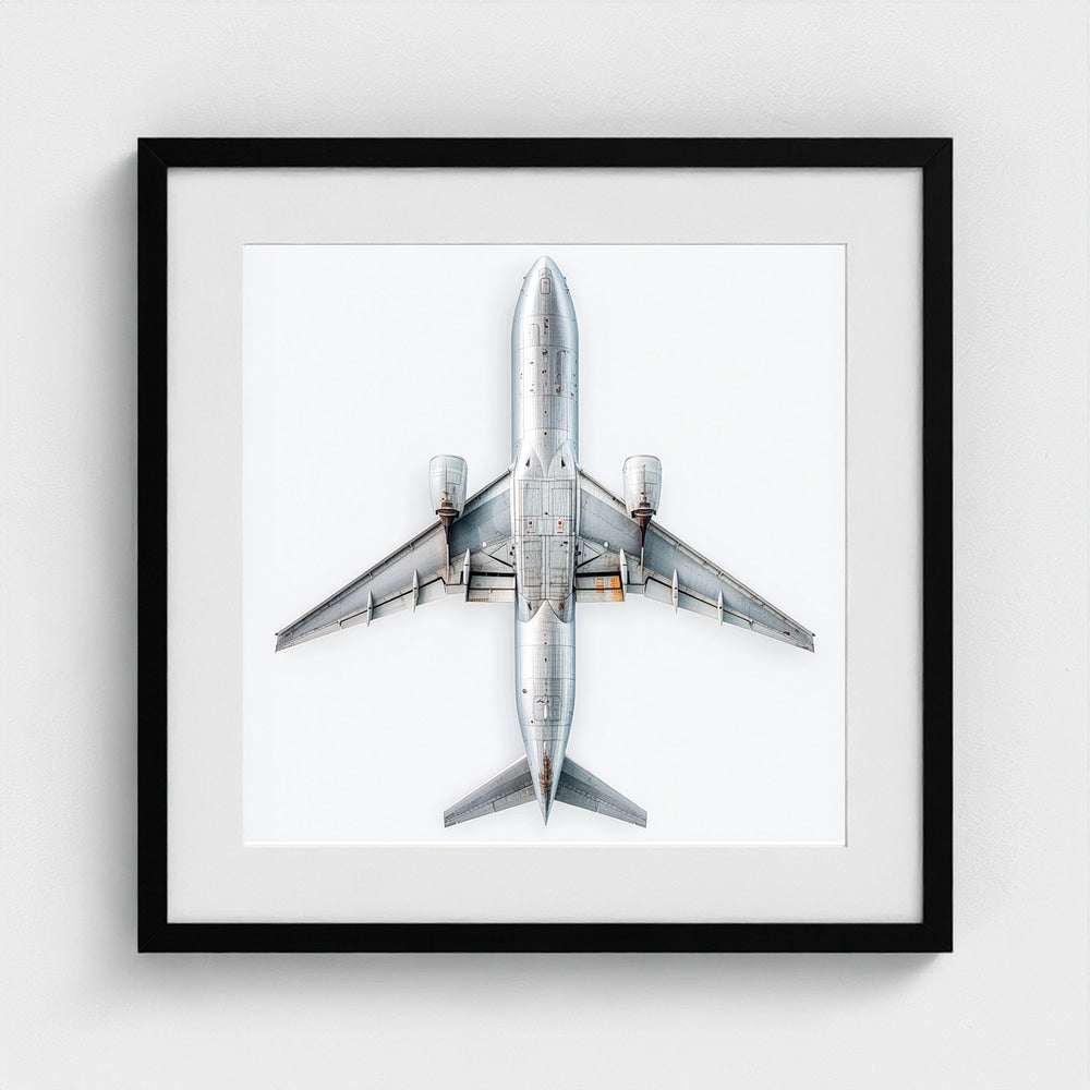 Minimalist Airplane Print — Modern Aviation Photography | Silver Geometric Aircraft Art, Square Framed