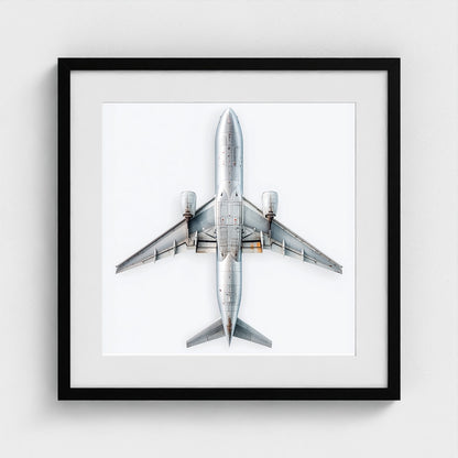 Minimalist Airplane Print — Modern Aviation Photography | Silver Geometric Aircraft Art, Square Framed