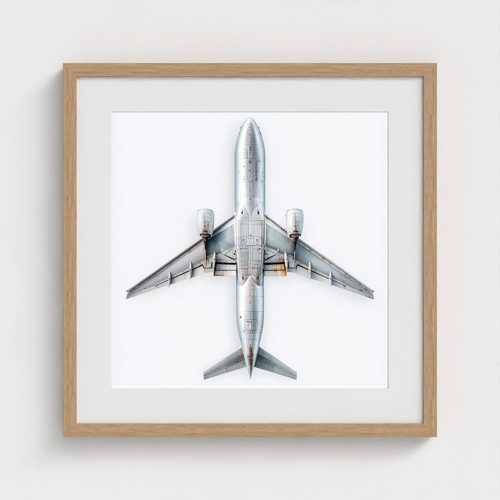 Minimalist Airplane Print — Modern Aviation Photography | Silver Geometric Aircraft Art, Square Framed